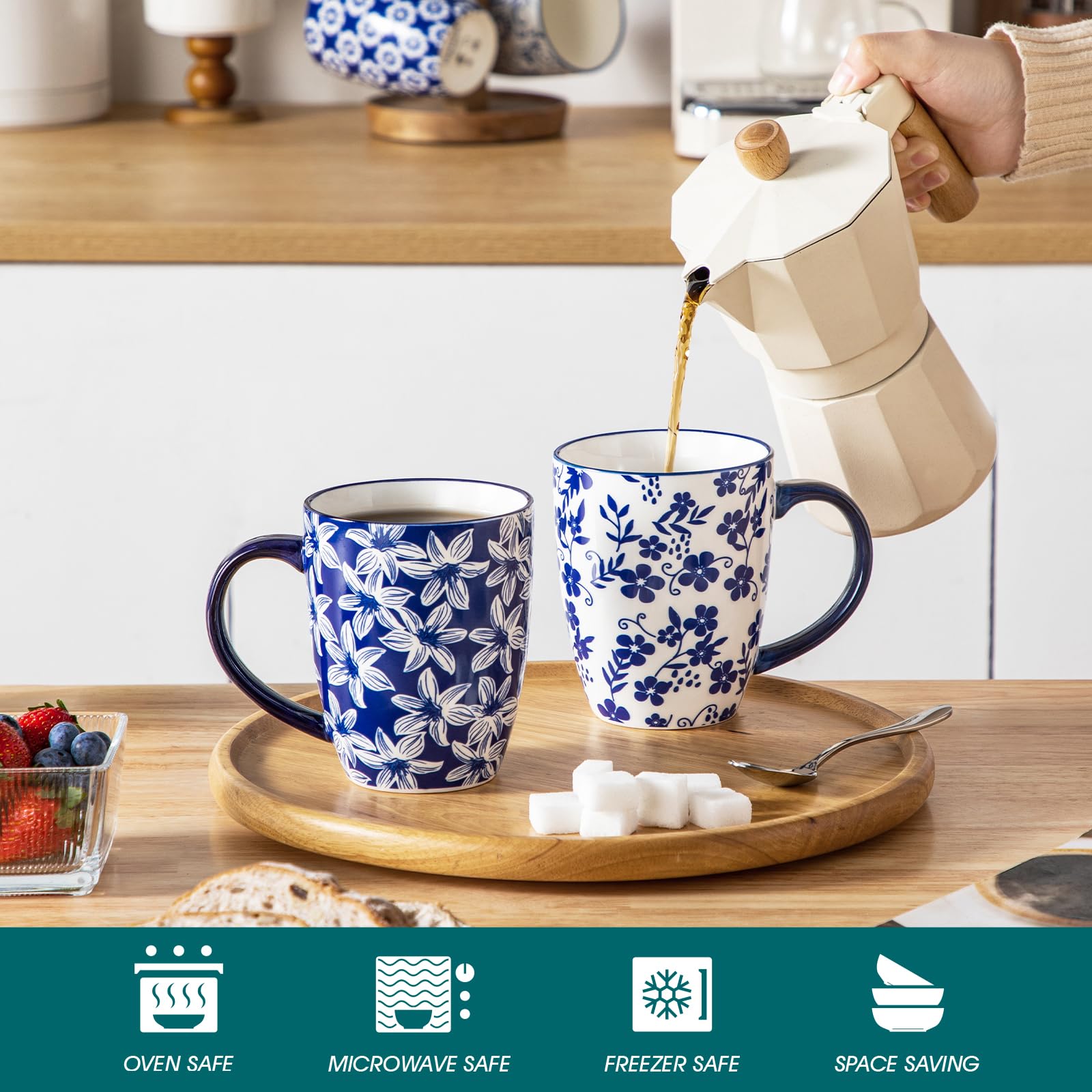 Sturdy porcelain with vintage blue floral design adds timeless charm.