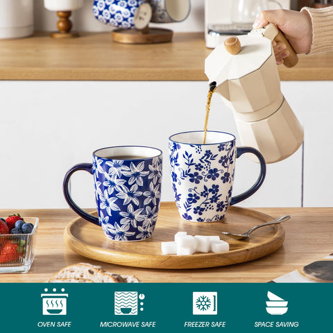 Sturdy porcelain with vintage blue floral design adds timeless charm.