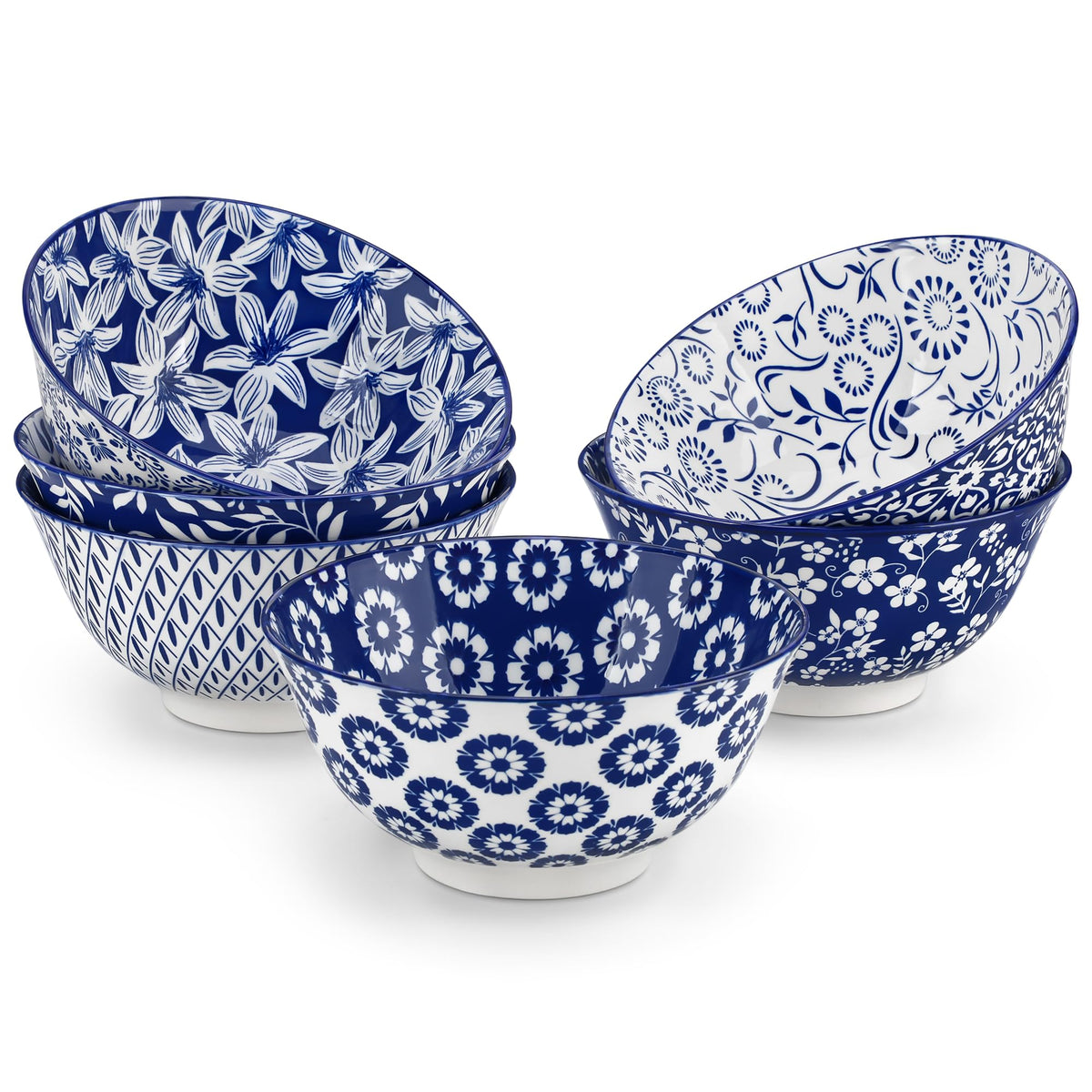 Vancasso Selene blue and white floral bowls enhance table settings.
