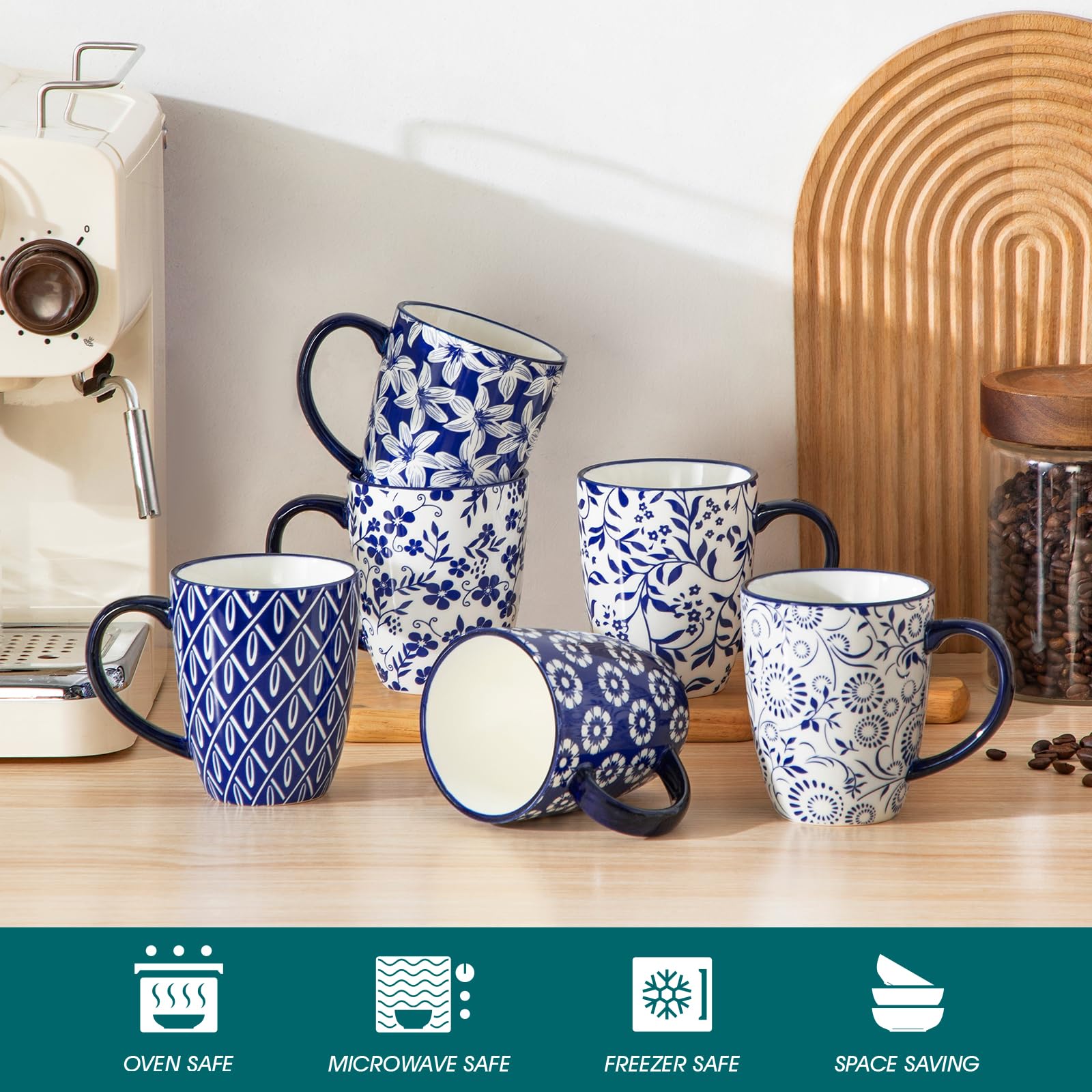 Vancasso Selene mug stacked display with vintage blue decor.