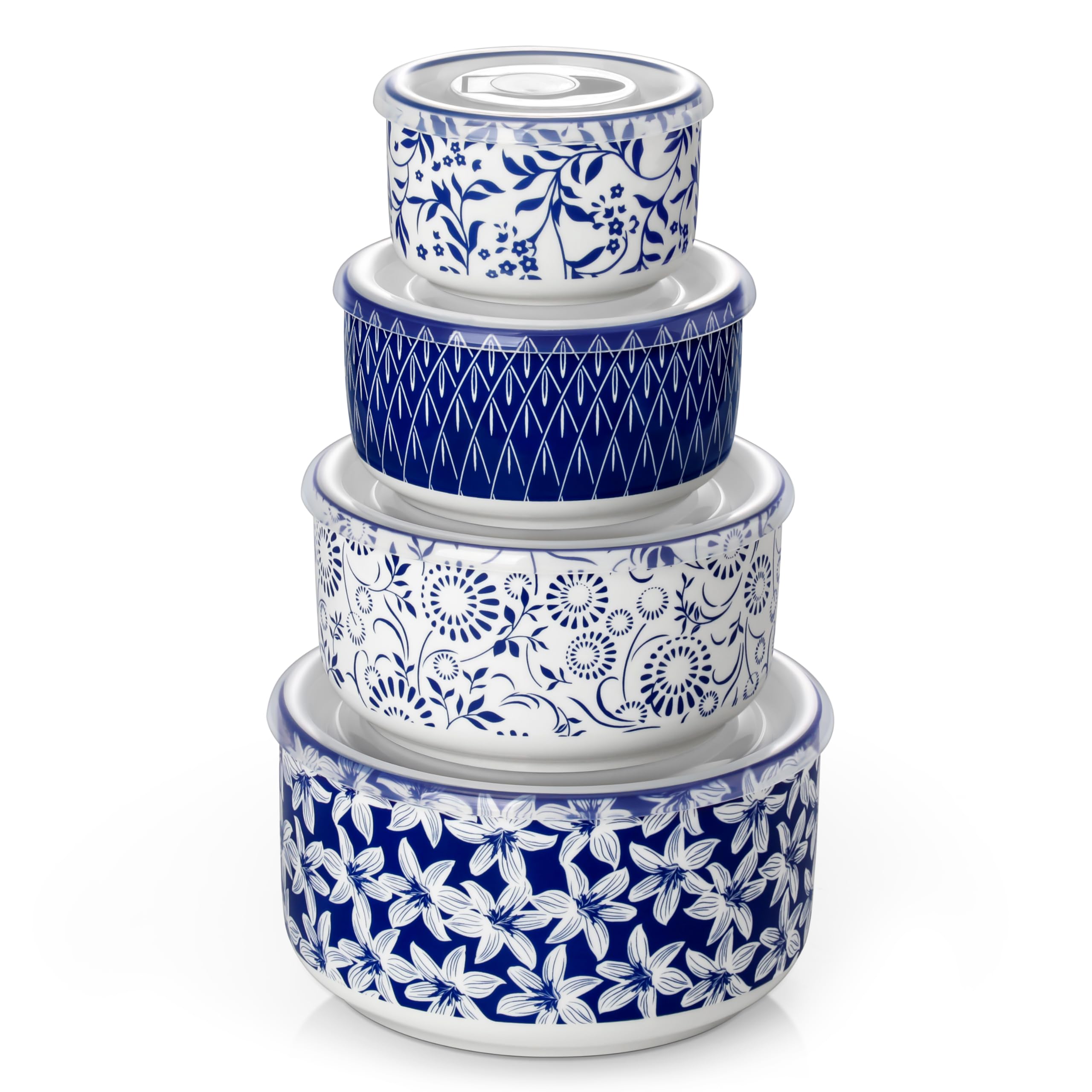 Vancasso Selene nesting bowls with lids in 60oz size, ideal for meal prep.