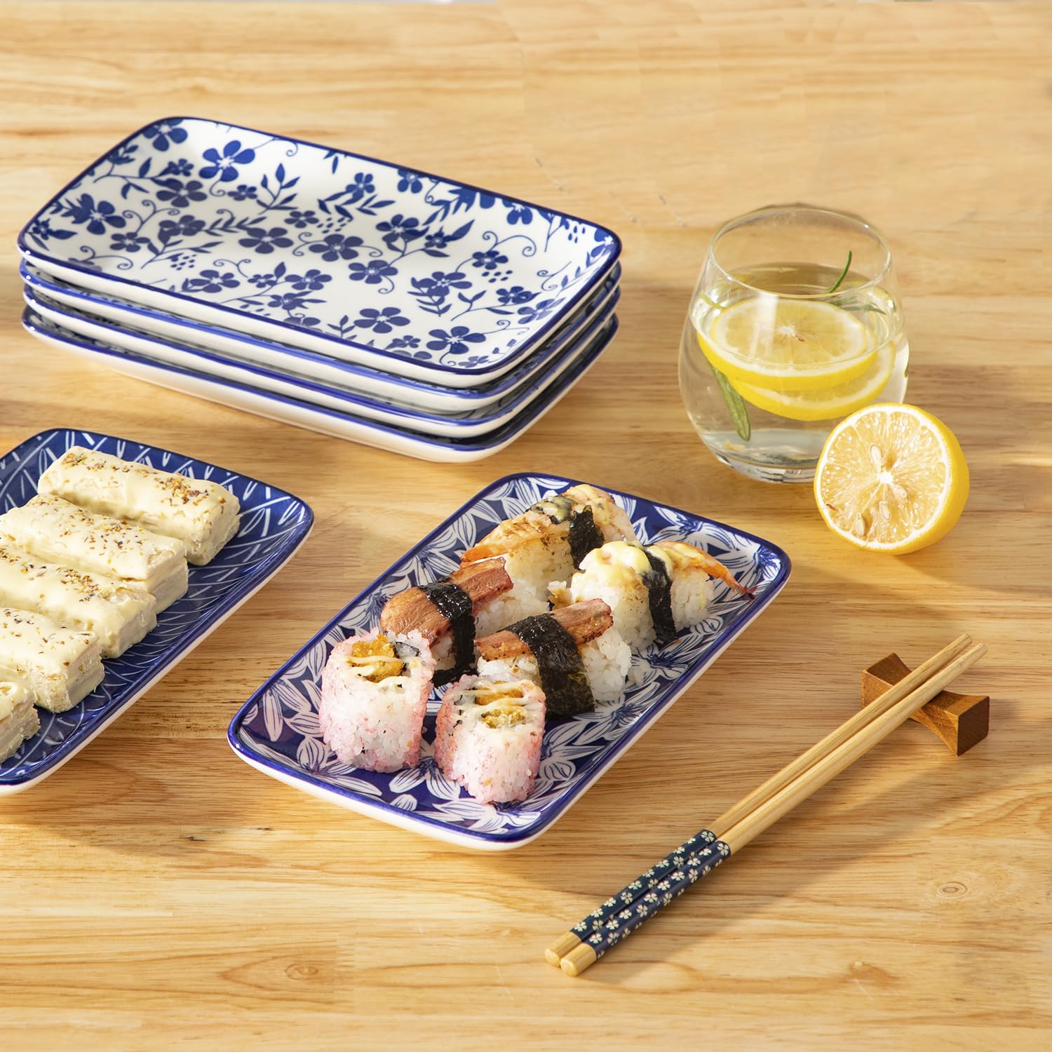 Vancasso Selene rectangle plate in blue and white, perfect for appetizers