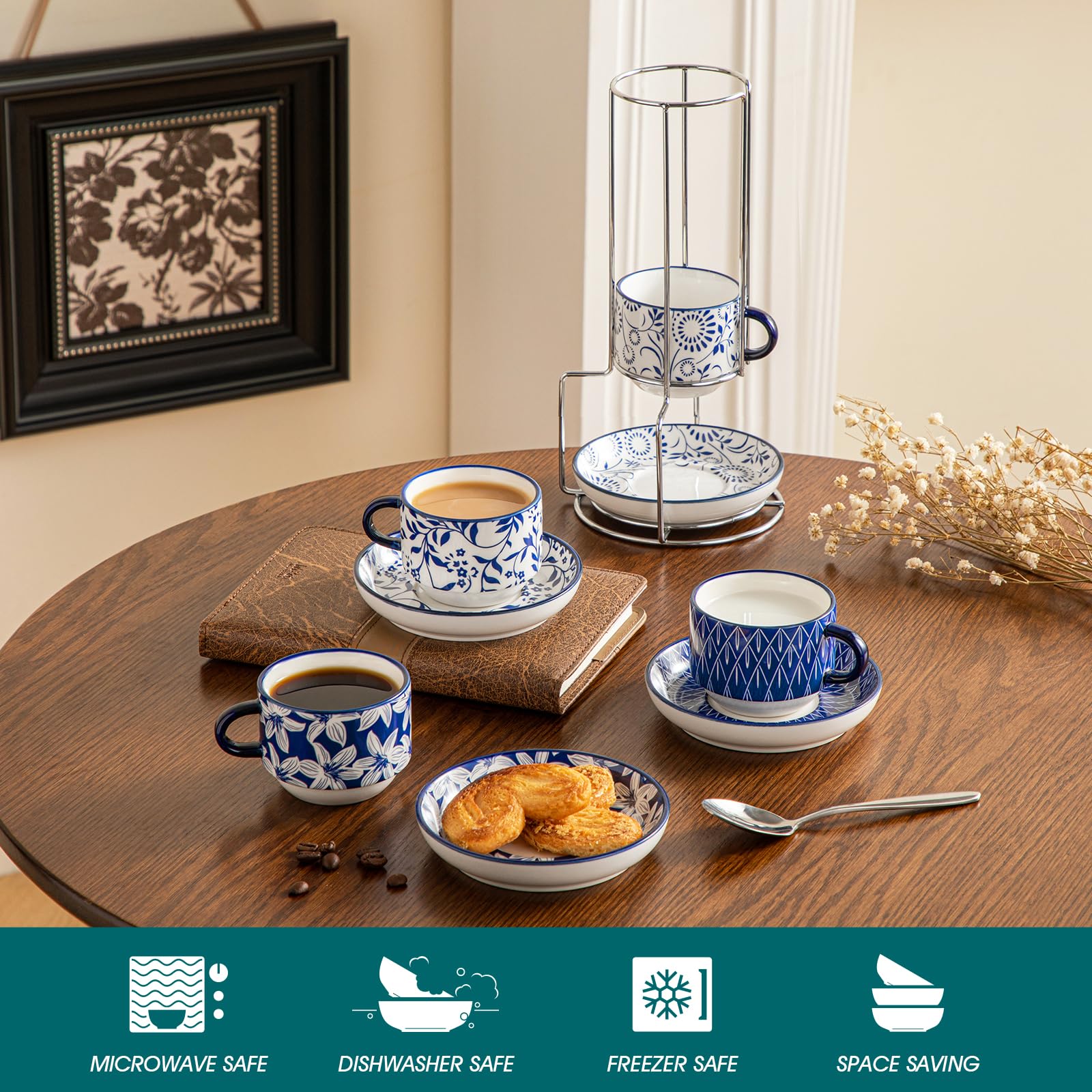 Vancasso SELENE stackable design keeps your coffee set compact and accessible.