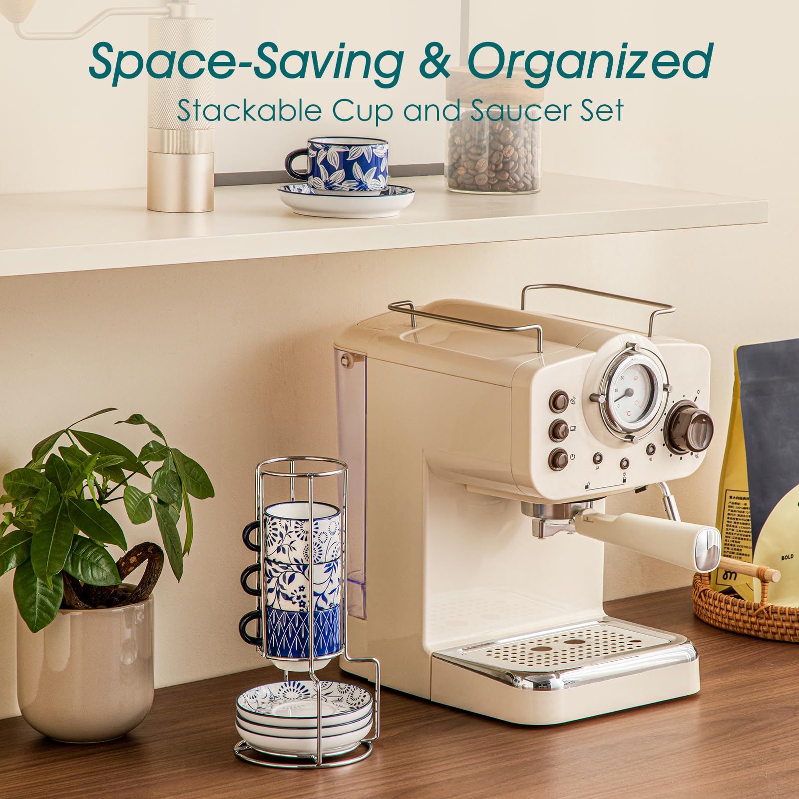 Vancasso Selene set shown with stand, ideal for gifting and display.