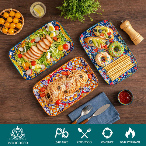 Vancasso serving platters bohemian pattern closeup highlights vibrant glaze