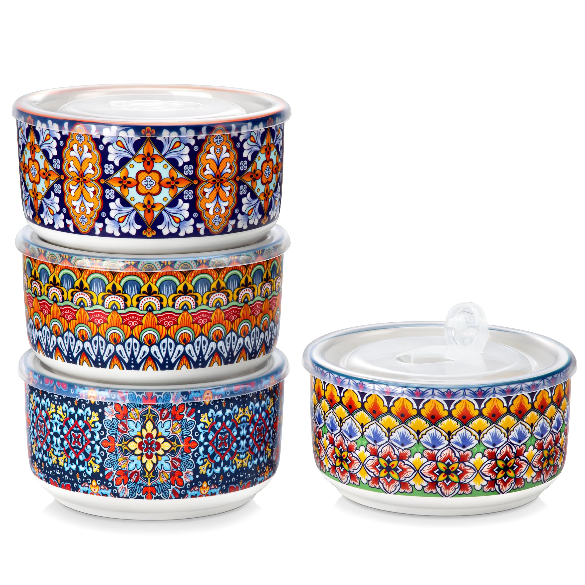 Vancasso SIMI 36oz ceramic bowls with lids, four-piece set for leftovers.