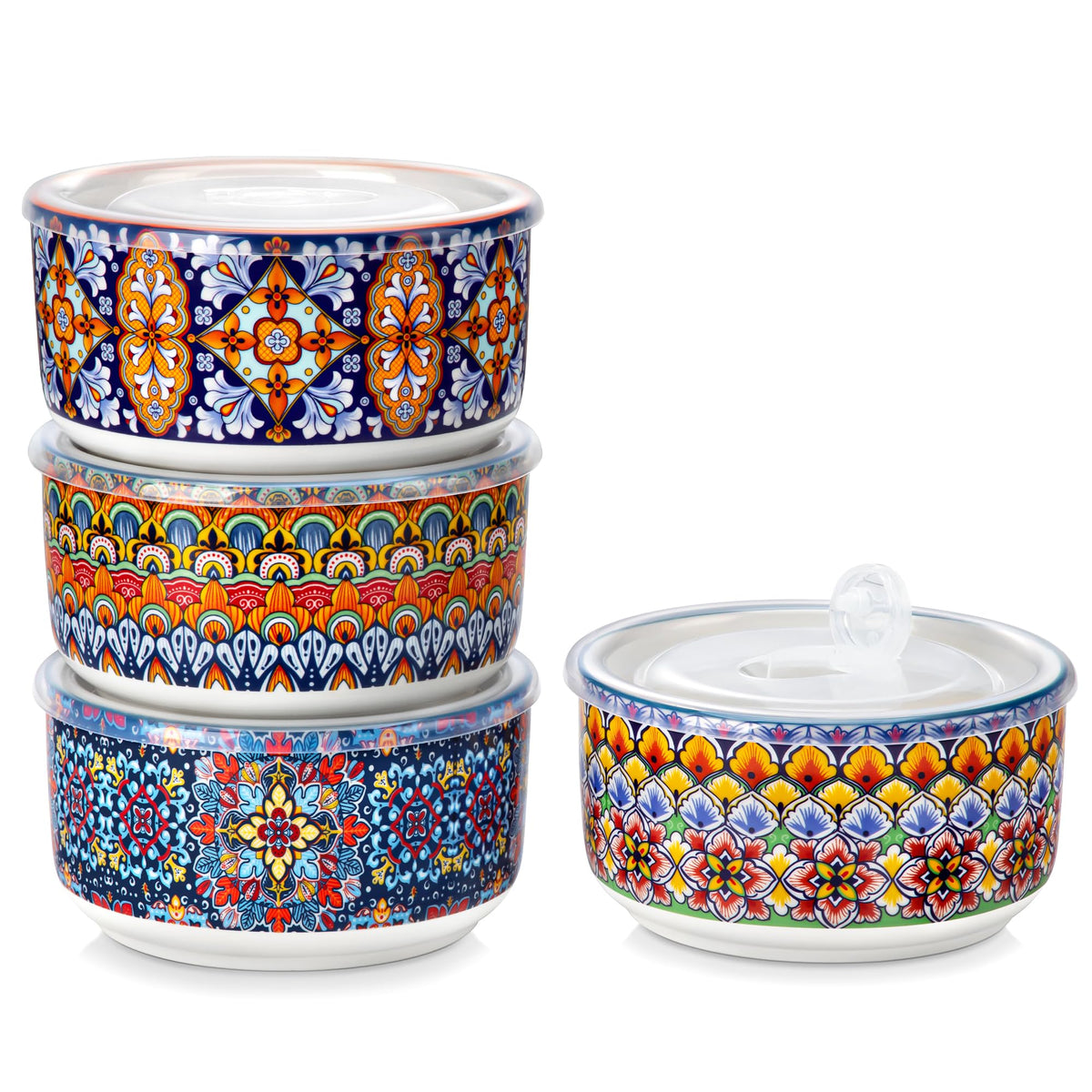 Vancasso SIMI 36oz ceramic bowls with lids, four-piece set for leftovers.