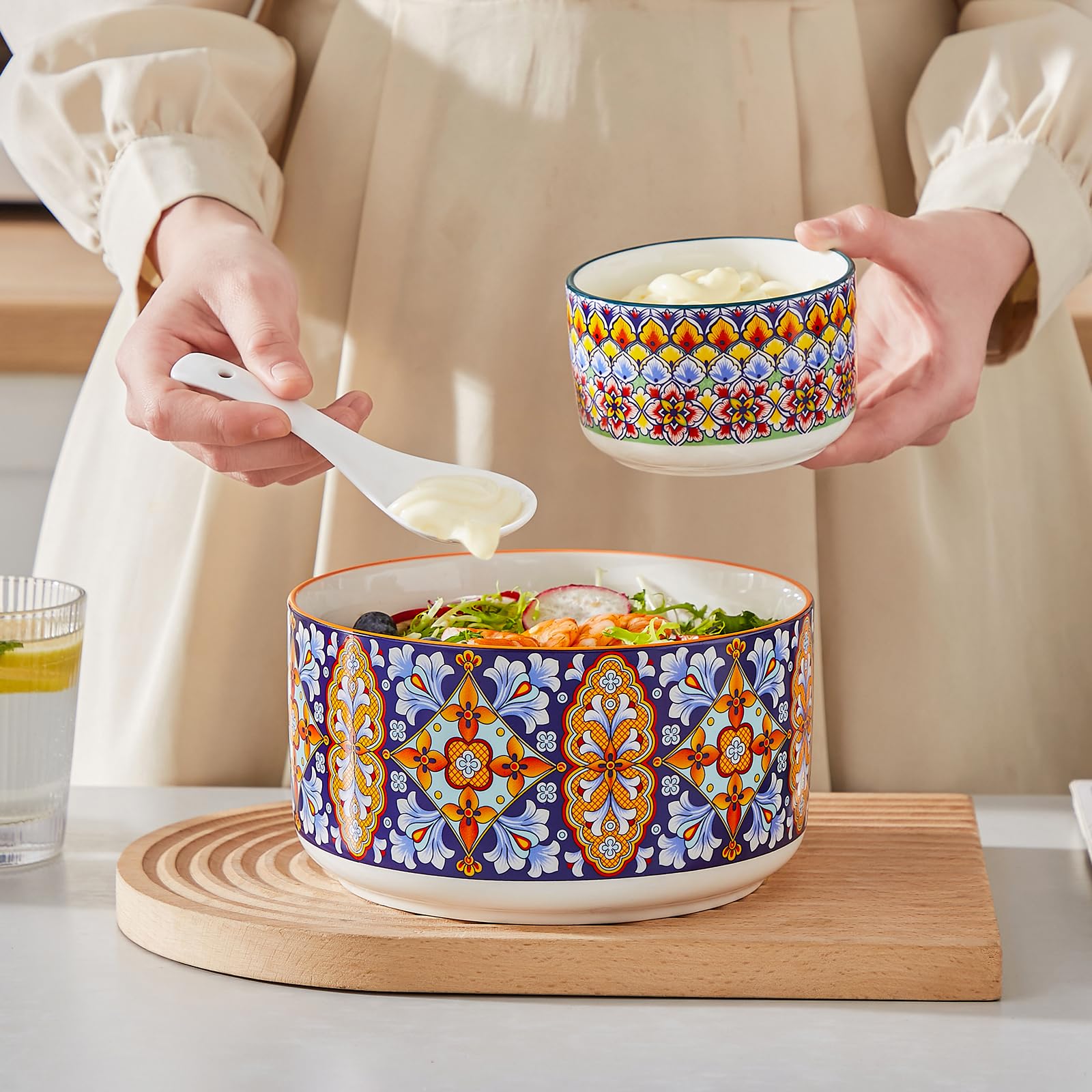 Vancasso SIMI Bohemian-pattern bowls brighten table presentation.