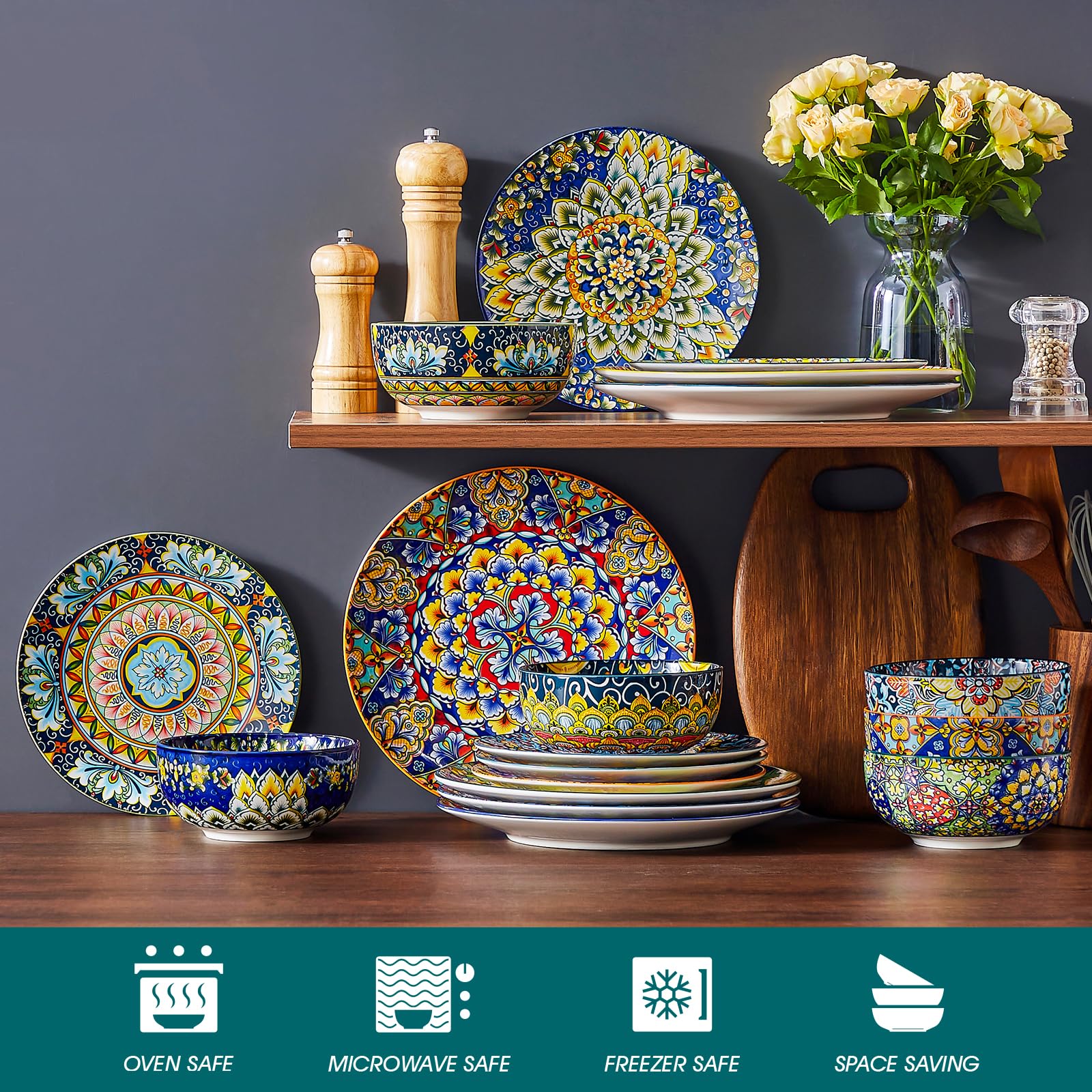 Vancasso SIMI boho pattern decorates shelves with artful charm.
