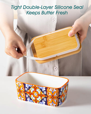 Vancasso SIMI butter dish in colorful Bohemian design enhances kitchen decor.