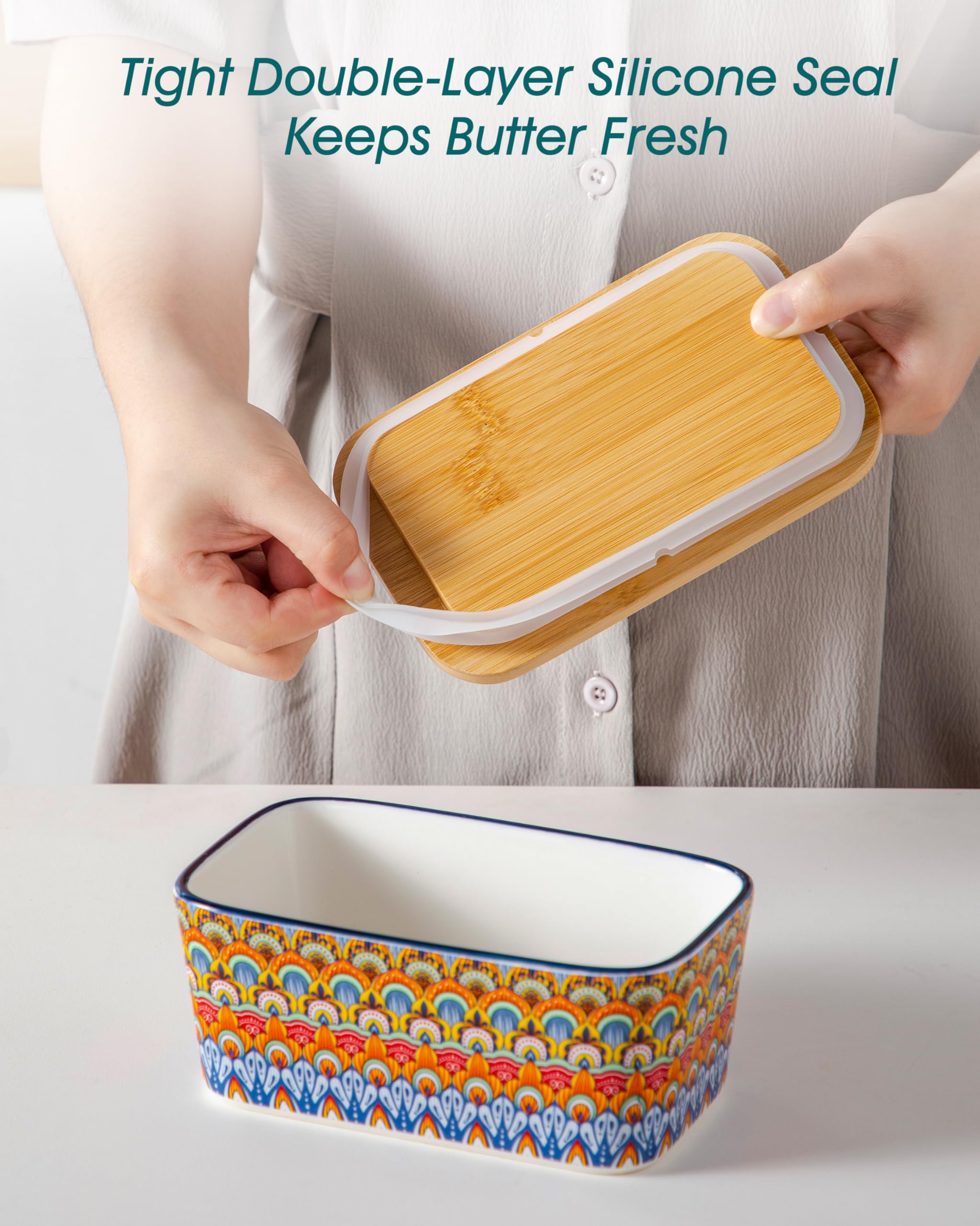 Vancasso SIMI butter dish resting on a kitchen counter with Bohemian pattern.