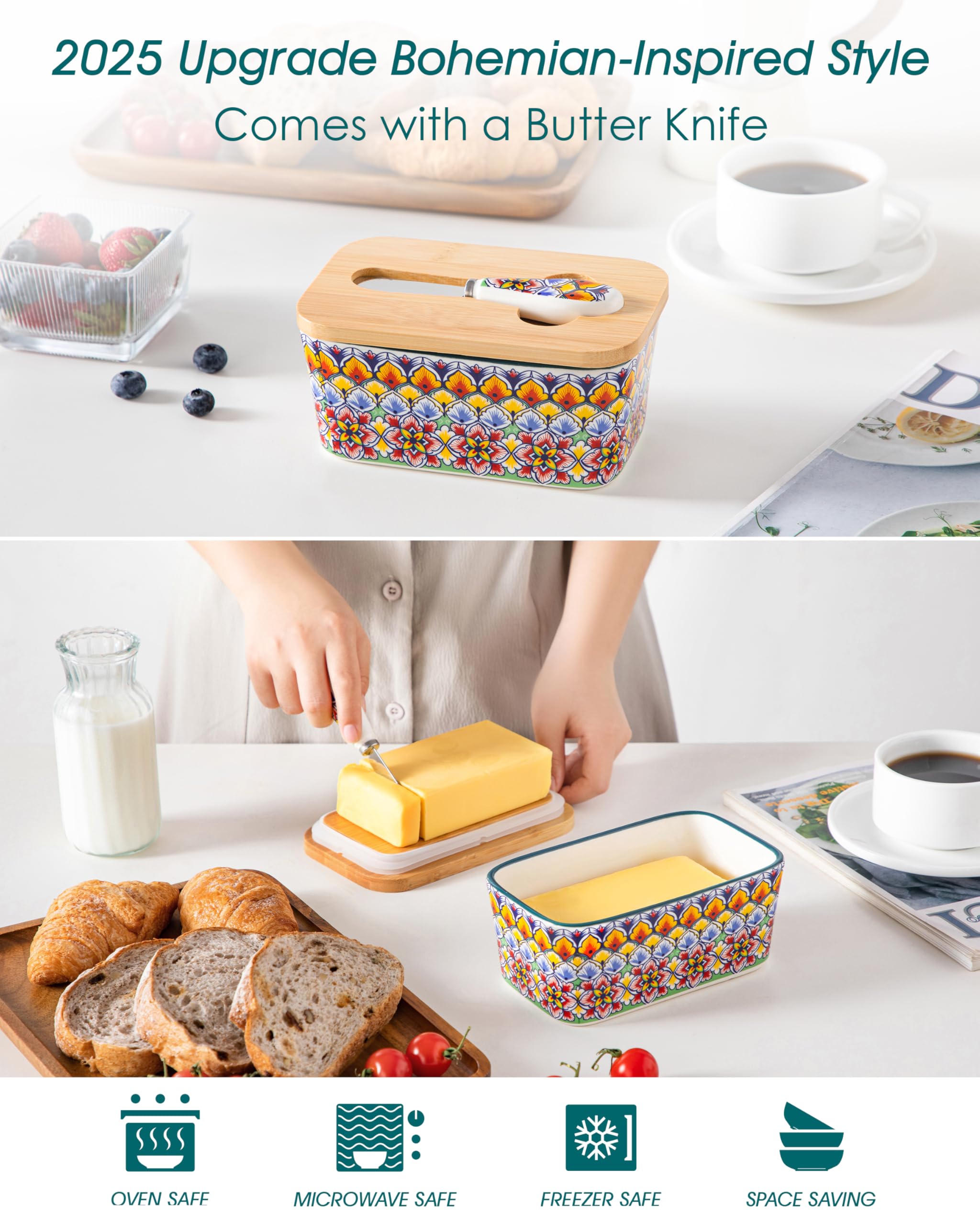 Vancasso SIMI butter dish on countertop showcases vibrant glaze and durable porcelain