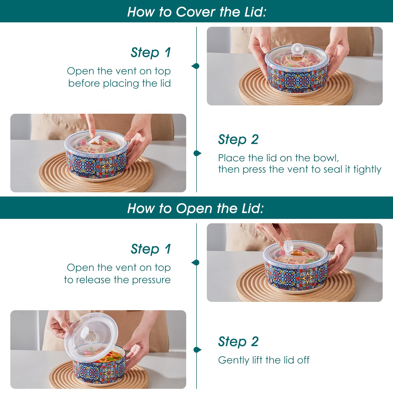 Vancasso SIMI bowls microwave-safe with lids removed for reheating.