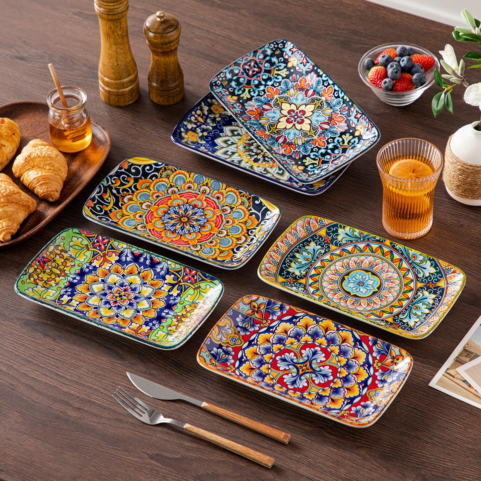 Rectangular shape with shallow depth helps presentation of small plates.