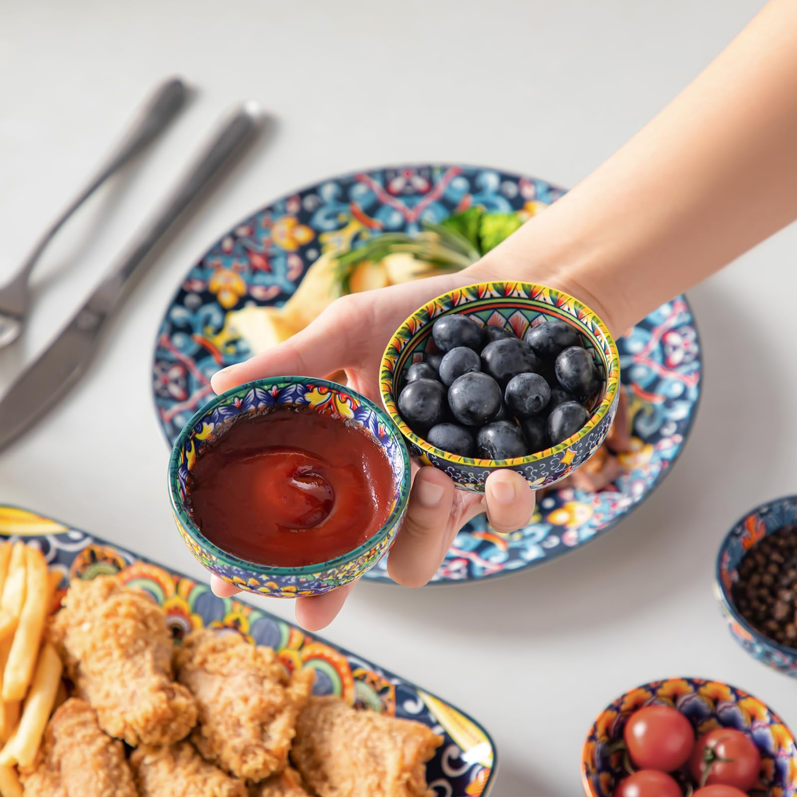 Vancasso SIMI microwave-safe ceramic bowls simplify quick dips.