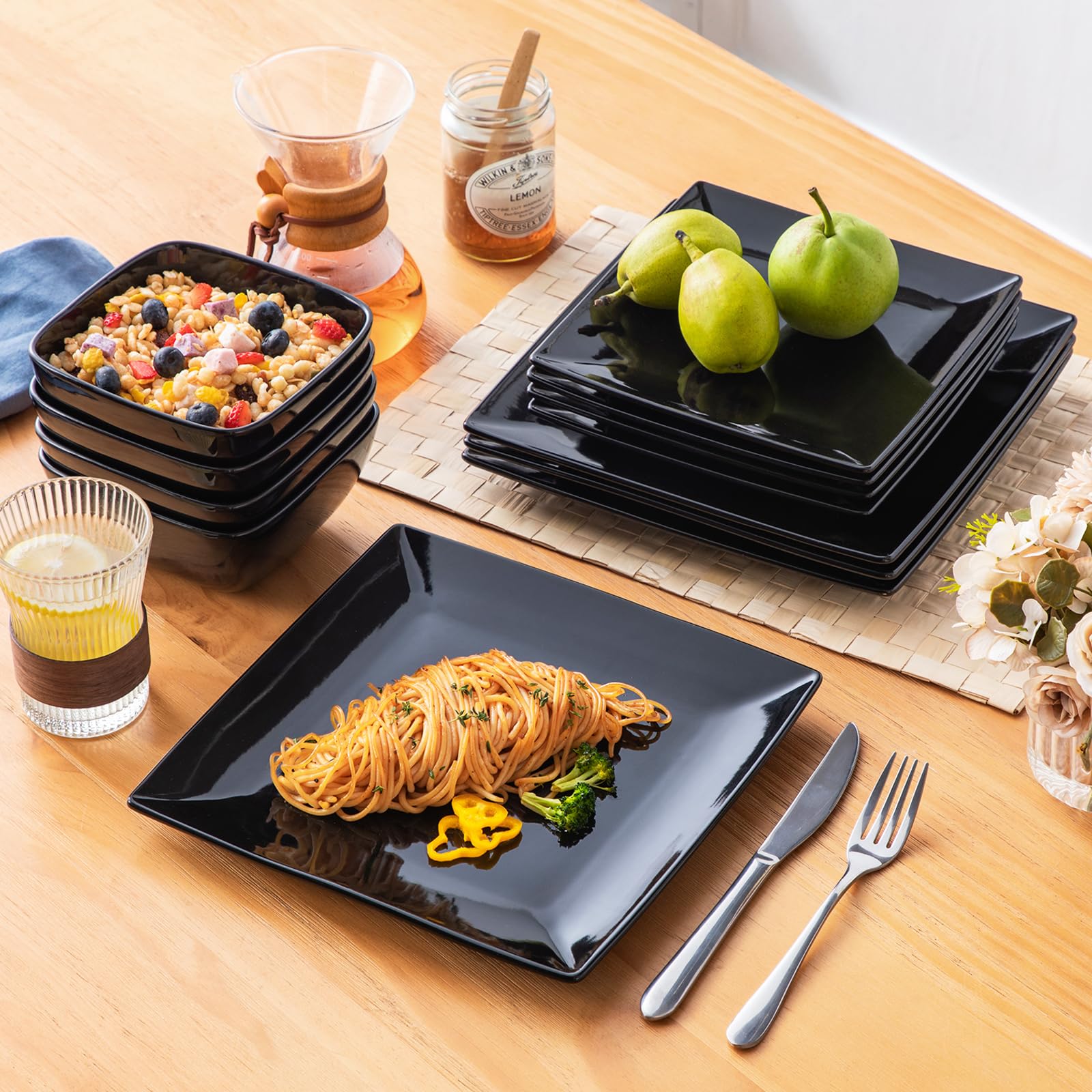 Vancasso Soho dishwasher-safe dining set stacked for easy cleanup