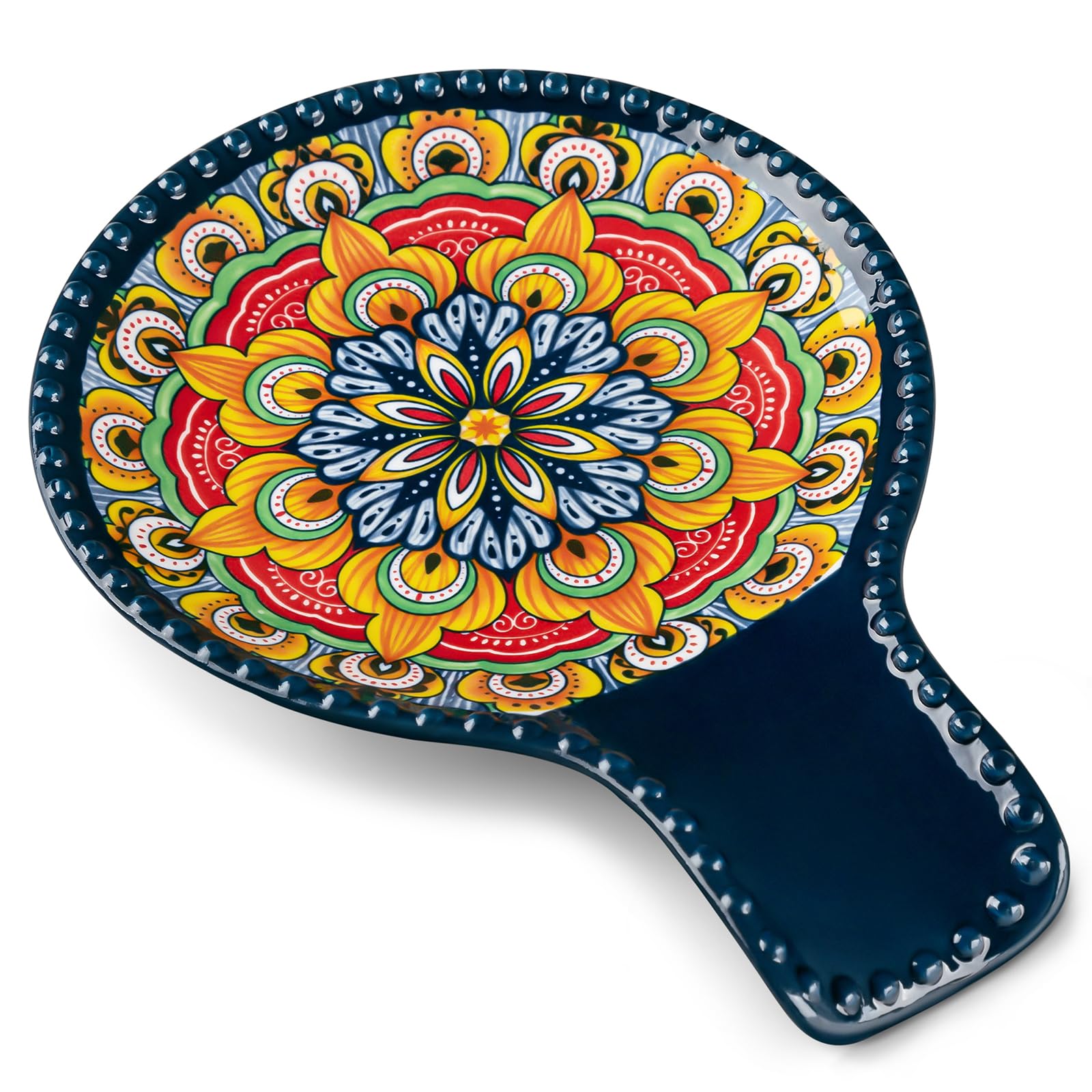 Vancasso spoon rest with blue boho design keeps counters tidy