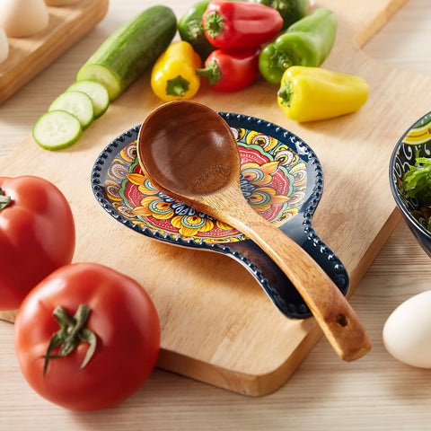 Dishwasher-safe blue Vancasso spoon rest for easy cleanup