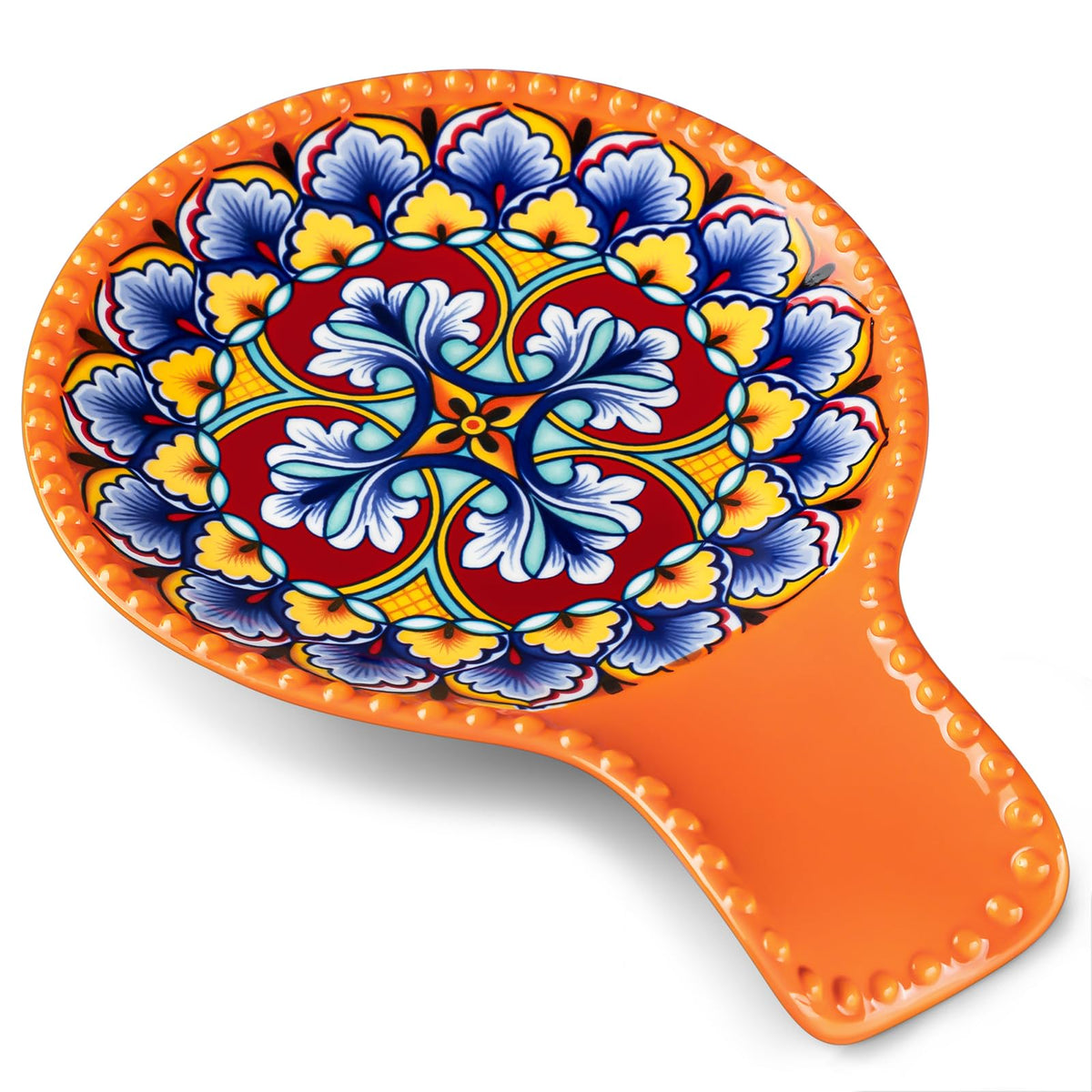 Vancasso spoon rest with orange boho design keeps spoons tidy on the counter.