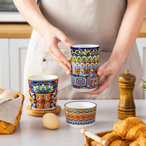 Vancasso stackable dining ramekins reduce clutter and protect glaze.