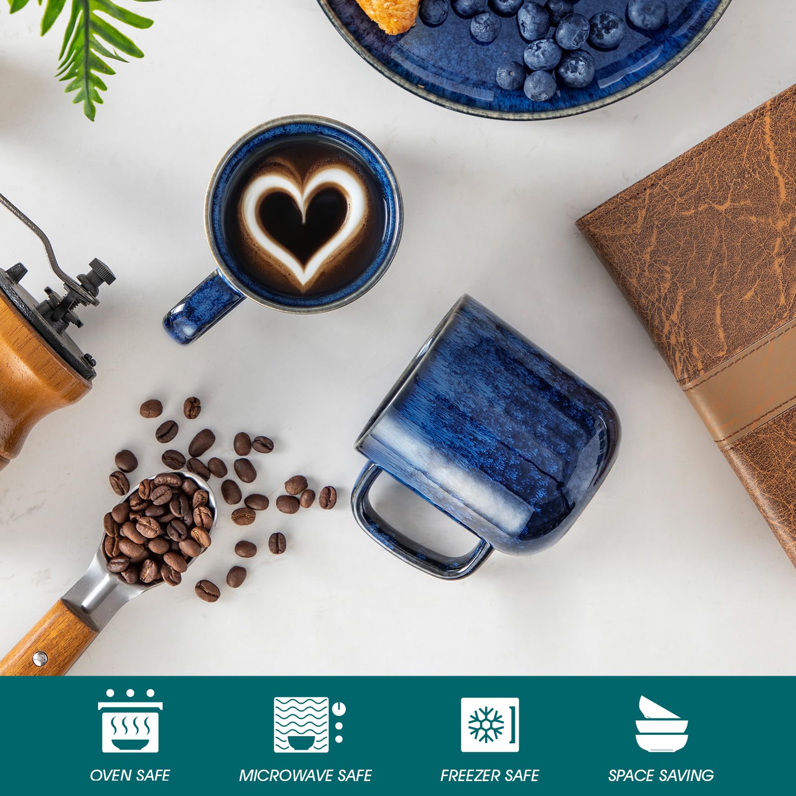Vancasso STARRY blue 12oz mugs stacked for compact storage
