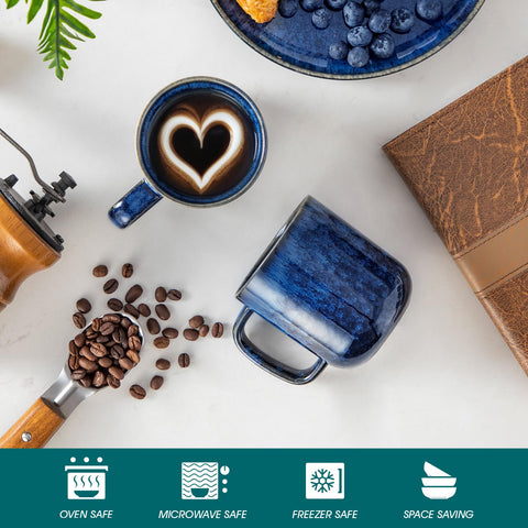 Vancasso STARRY blue 12oz mugs stacked for compact storage