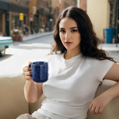 Vancasso STARRY blue 12oz mug with coffee showing 12oz capacity