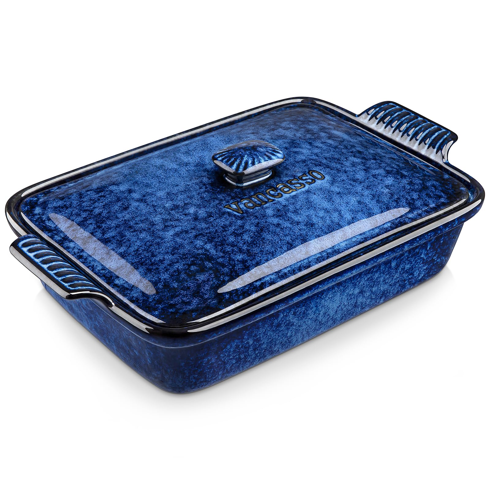 Vancasso Starry blue casserole dish with lid, perfect for family casseroles.