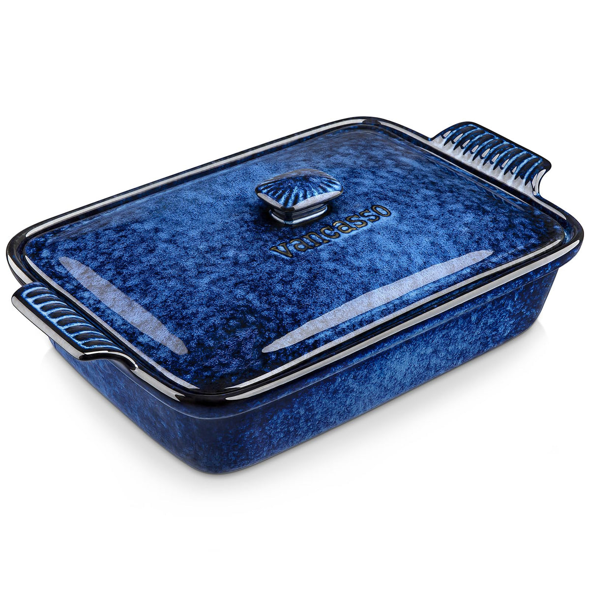 Vancasso Starry blue casserole dish with lid, perfect for family casseroles.