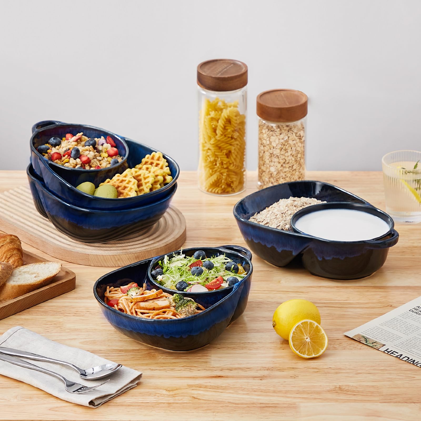 Vancasso Starry blue bowl on table setup with crackers and soup for a party spread.