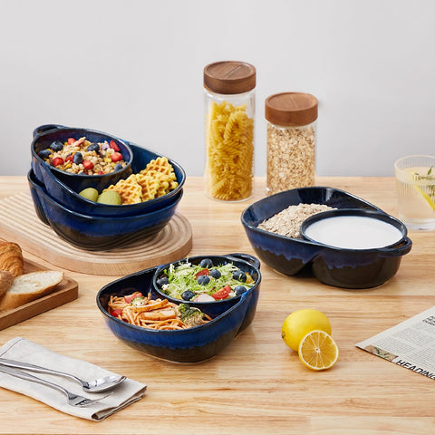 Vancasso Starry blue bowl on table setup with crackers and soup for a party spread.