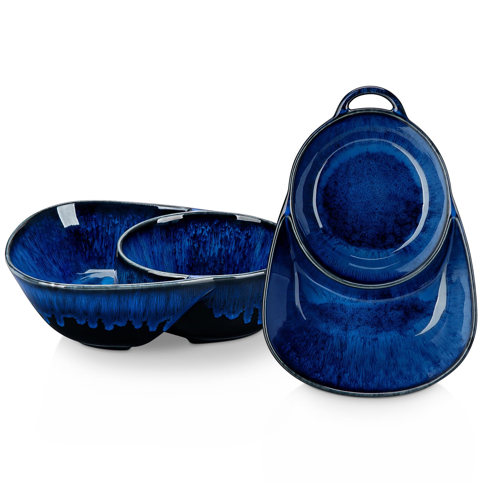 Vancasso Starry chip and dip bowl blue front view shows divided sections for separate dips.