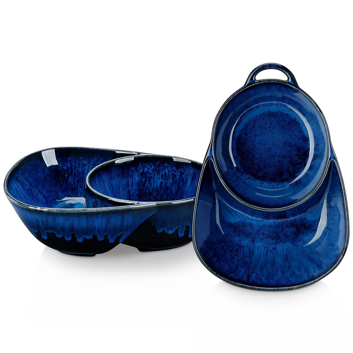 Vancasso Starry chip and dip bowl blue front view shows divided sections for separate dips.