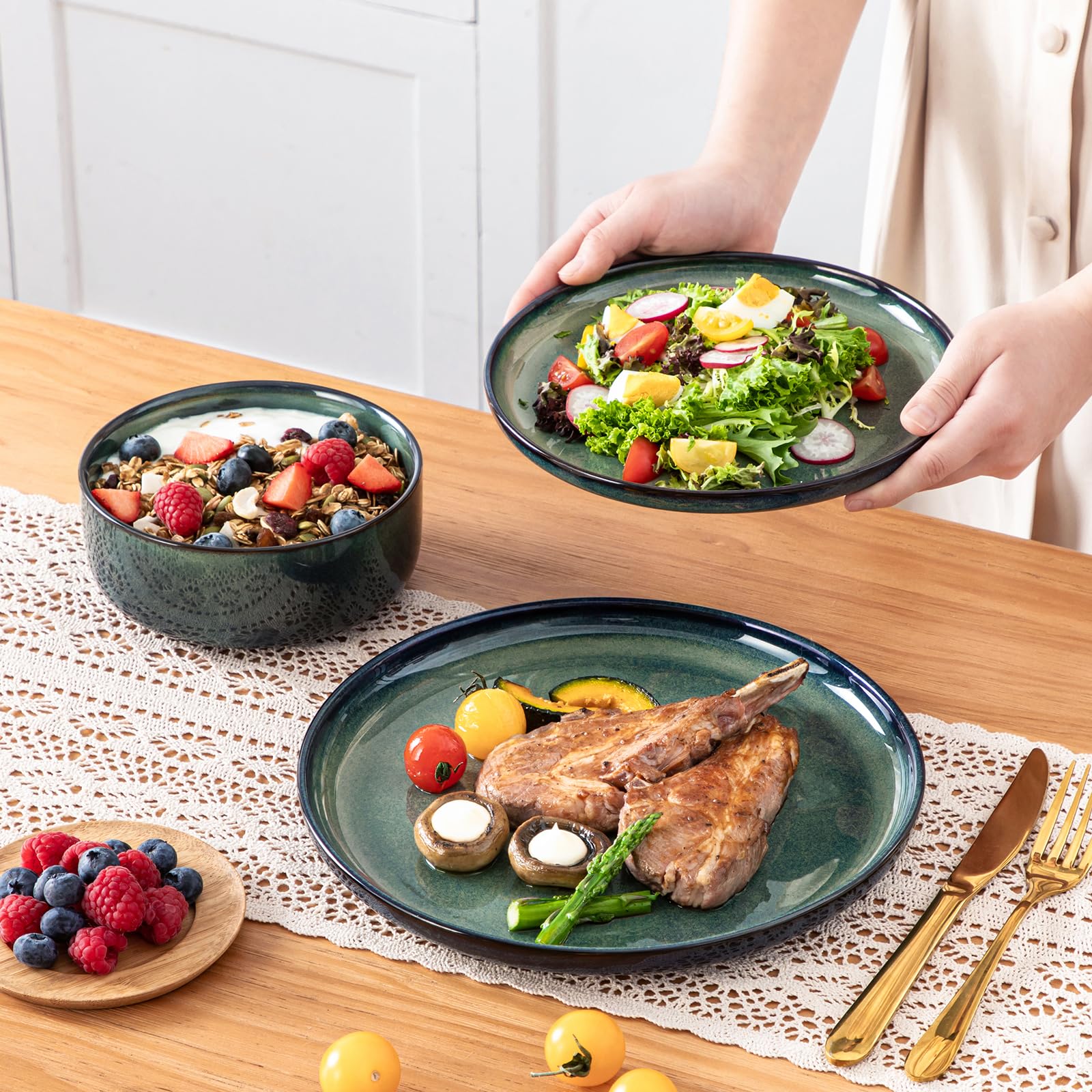 Vancasso Starry dessert plates displaying unique glaze variations for an elegant table.