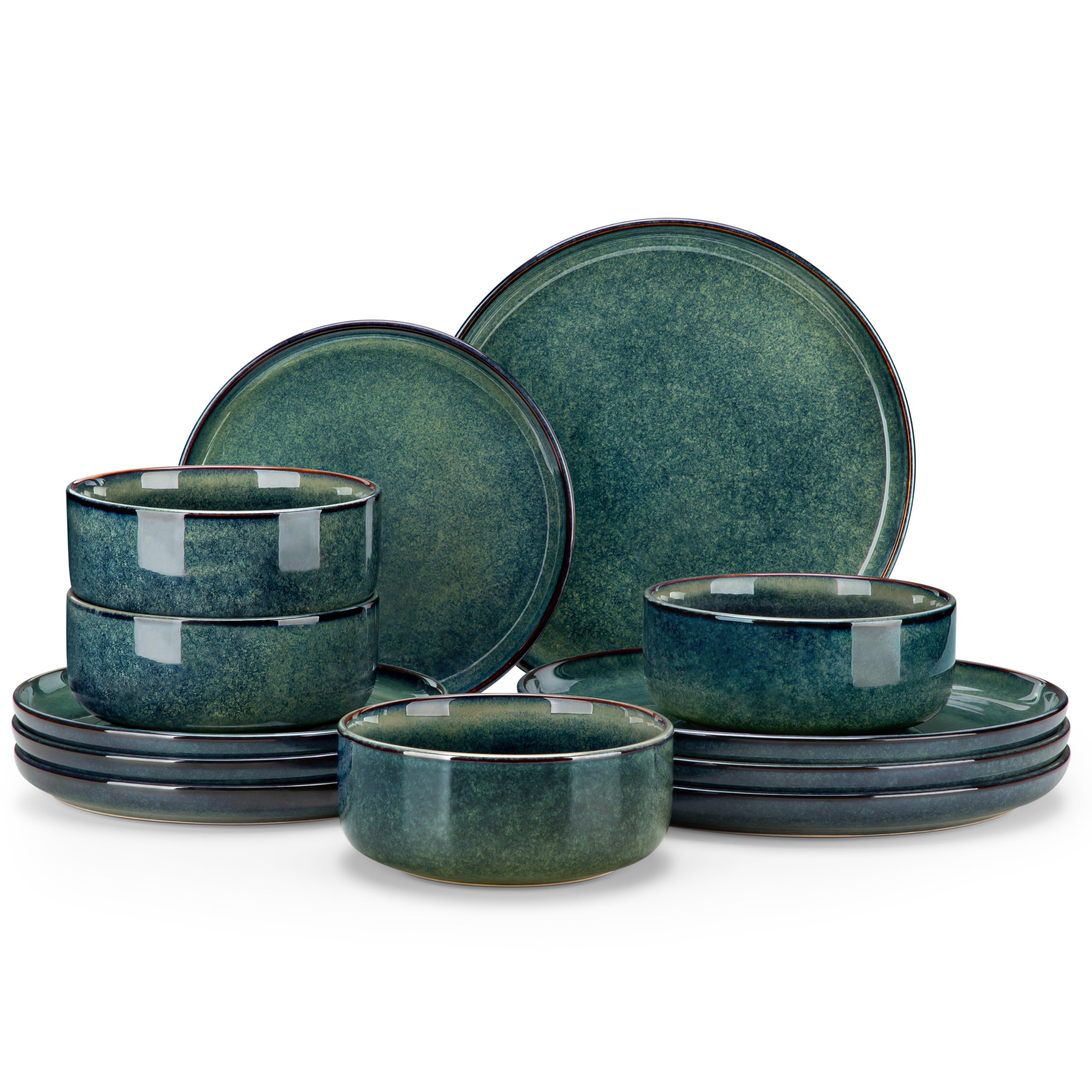 Vancasso Starry dinner plates in green reactive glaze, shown stacked for easy storage.
