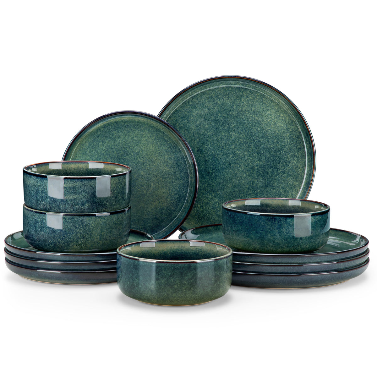 Vancasso Starry dinner plates in green reactive glaze, shown stacked for easy storage.