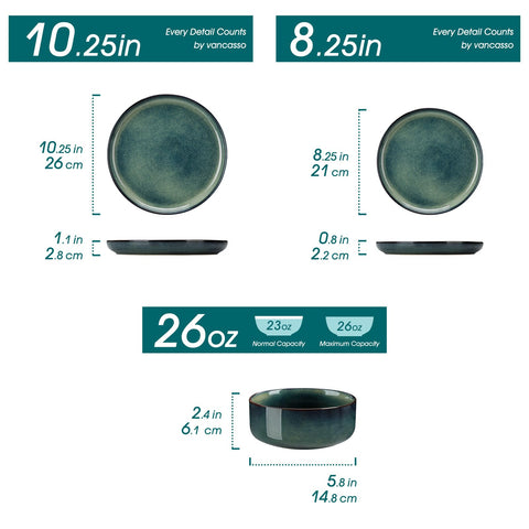 Vancasso Starry dinner plates with green reactive glaze, highlighting stacking stability.