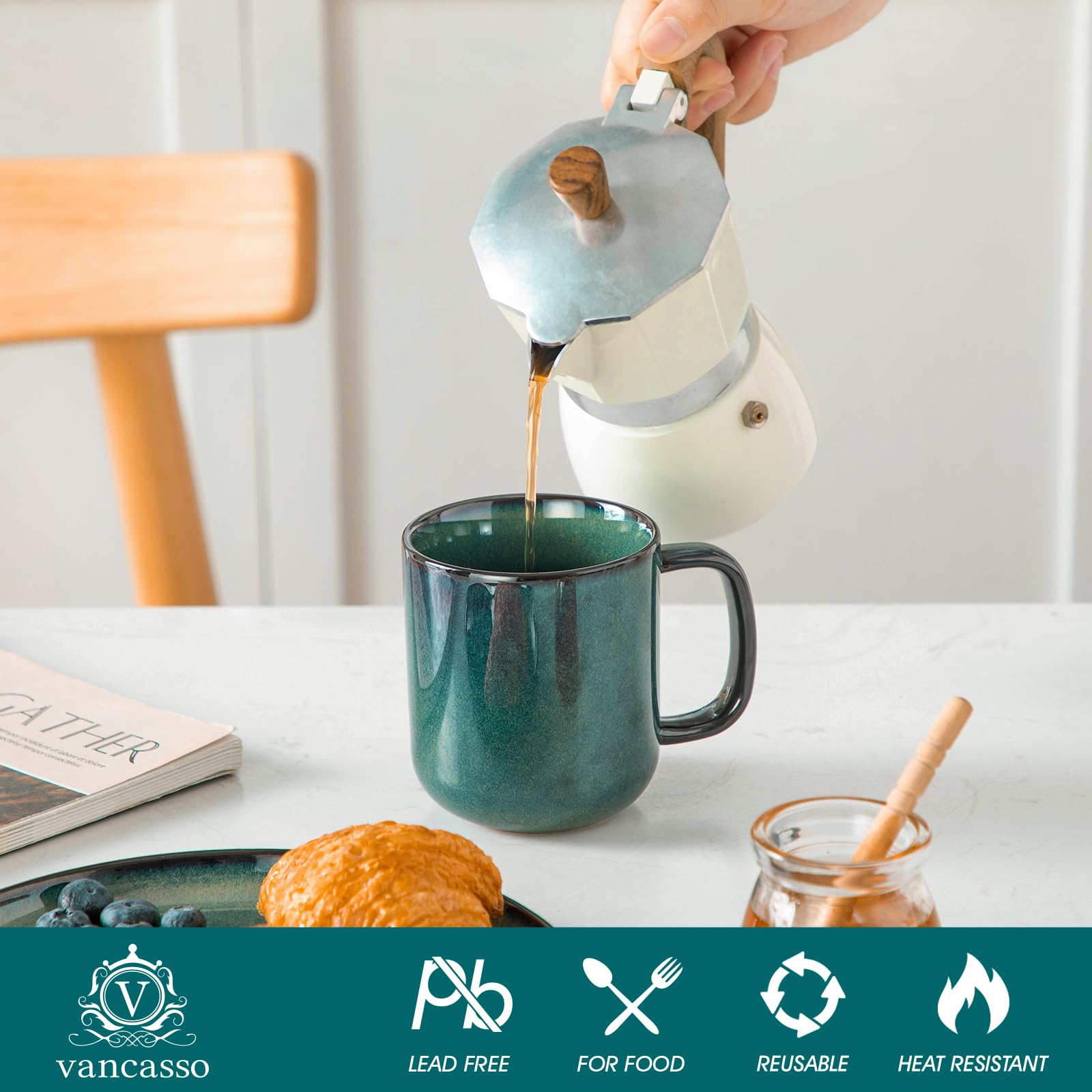 Vancasso Starry mug highlighting microwave-safe feature and durable glaze