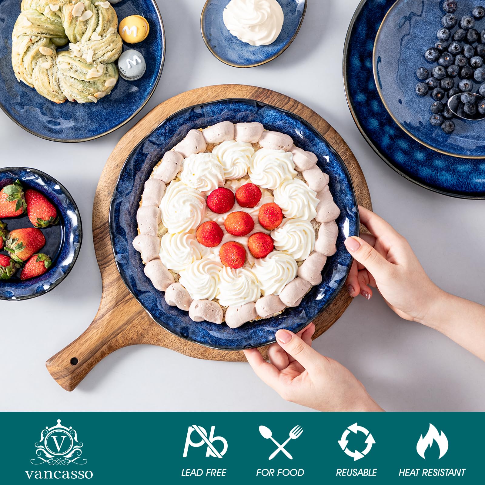 Vancasso Stern blue pie pan in oven ready pose for baking