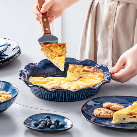 Quiche in the Stern blue pie pan with fluffy filling