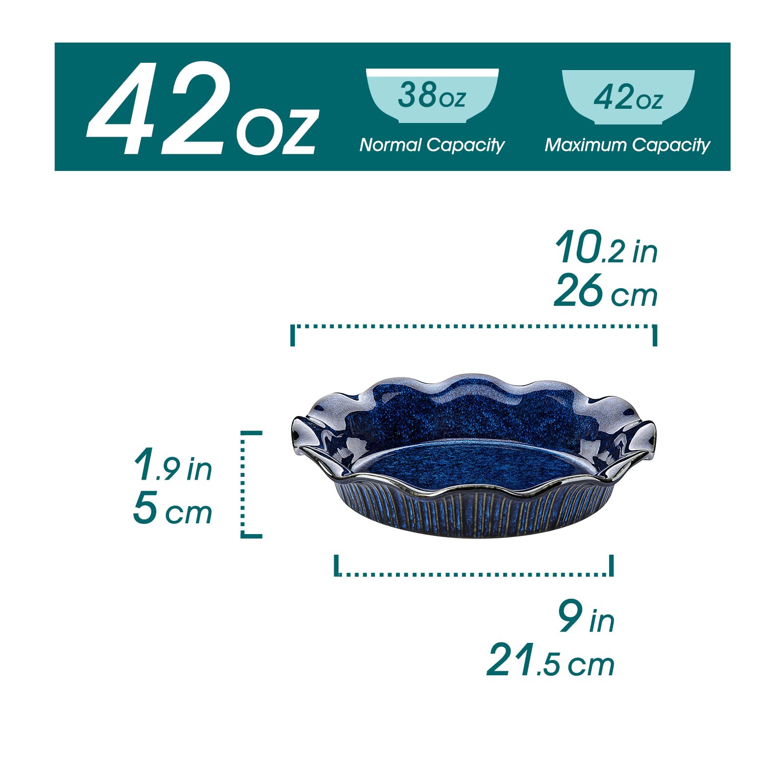 Vancasso Stern blue pie pan side angle highlighting deep dish capacity