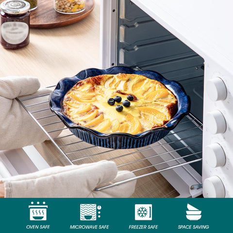 Stackable blue pie pan saves cabinet space after cooling