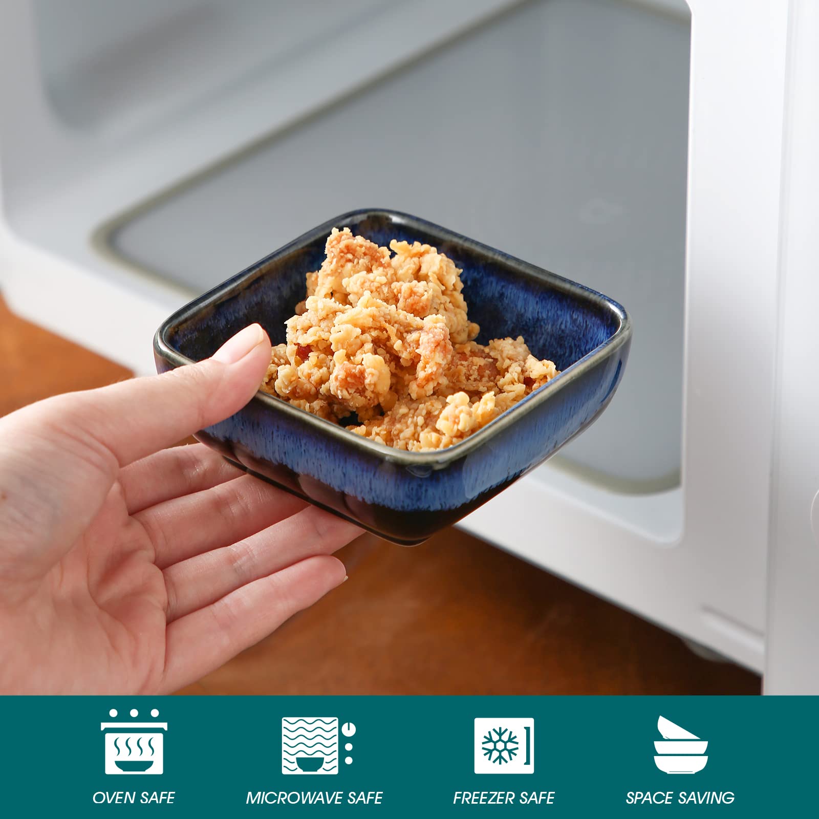 Vancasso Stern ceramic sauce dishes are microwave-safe for quick reheating.