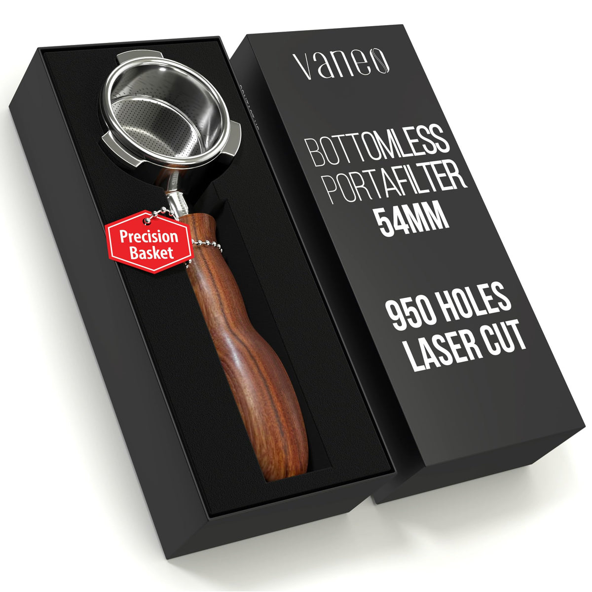 Vaneo 54mm bottomless portafilter with 18-21g basket enables deeper flavor extraction
