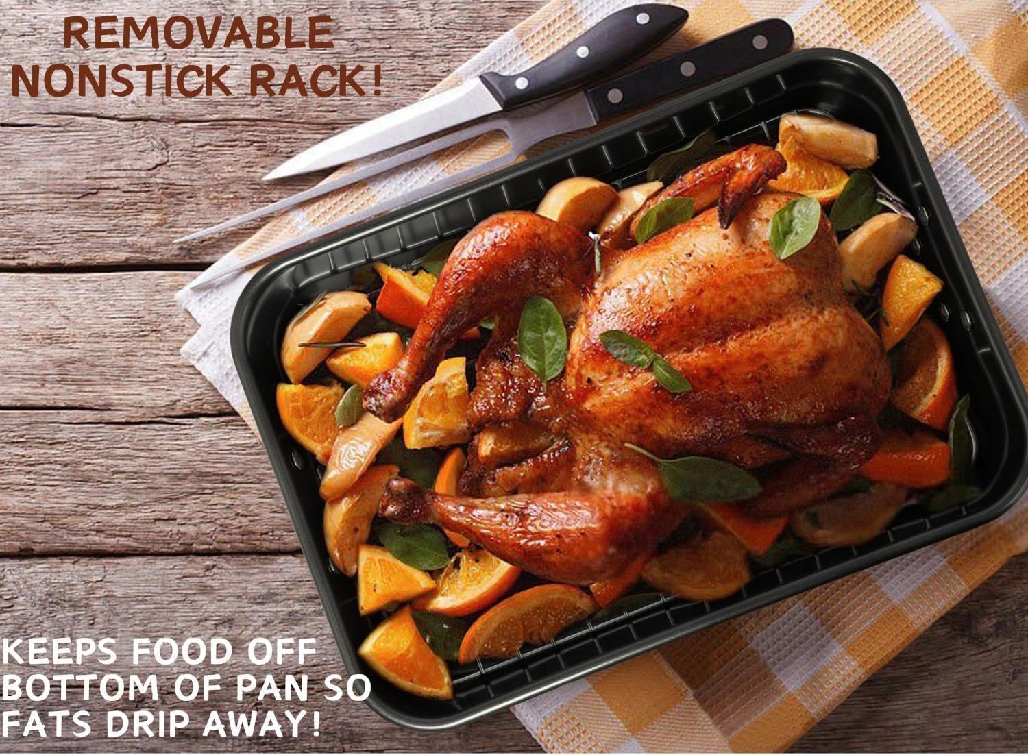 VANKUTL chrome rack is removable for elevated roasting and fat separation.