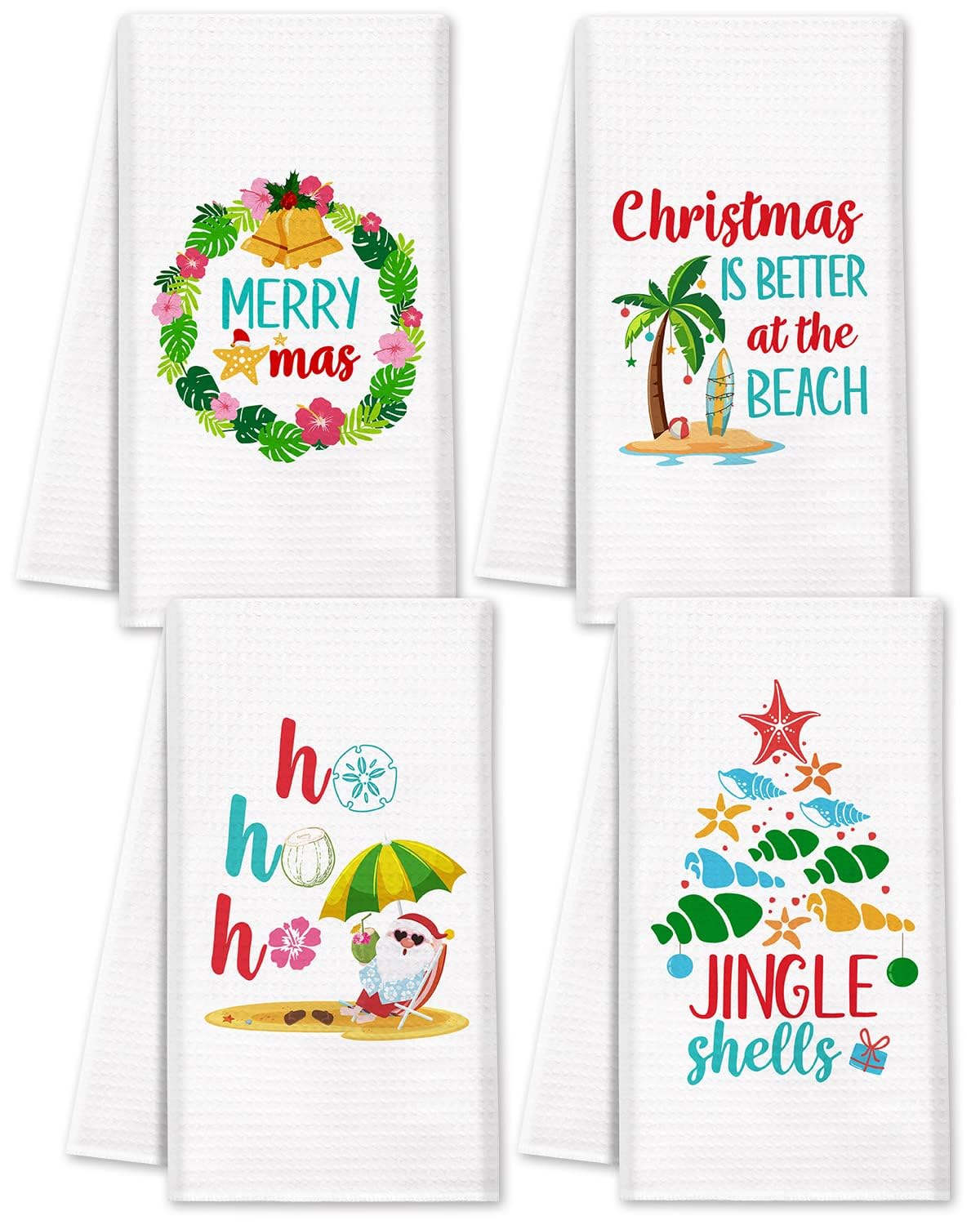 Vansolinne beach Christmas towel with hibiscus and shells adds coastal charm to your kitchen.