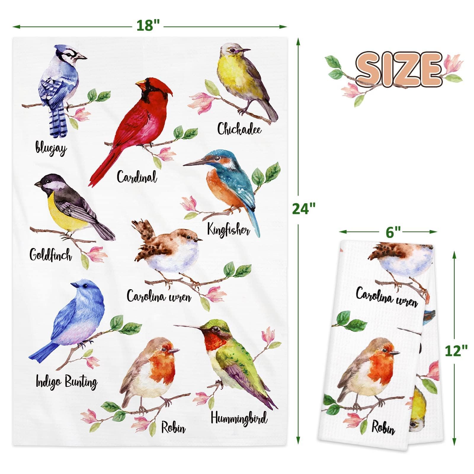 Vansolinne Birds Kitchen Towels hummingbird detail emphasizing quick drying and cleanup.