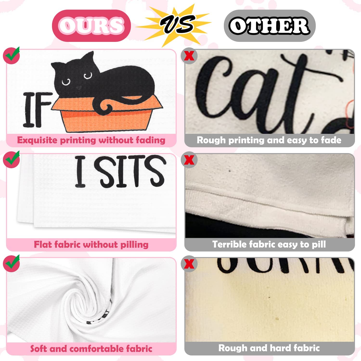 Vansolinne cat kitchen towel design closeup highlighting absorbent microfiber material.