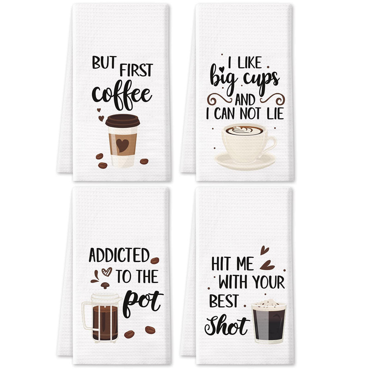 Vansolinne coffee kitchen waffle towels set enhances a coffee bar with fun decor.