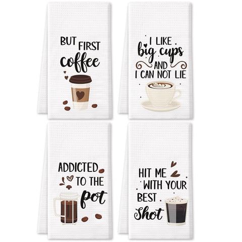 Vansolinne coffee kitchen waffle towels set enhances a coffee bar with fun decor.